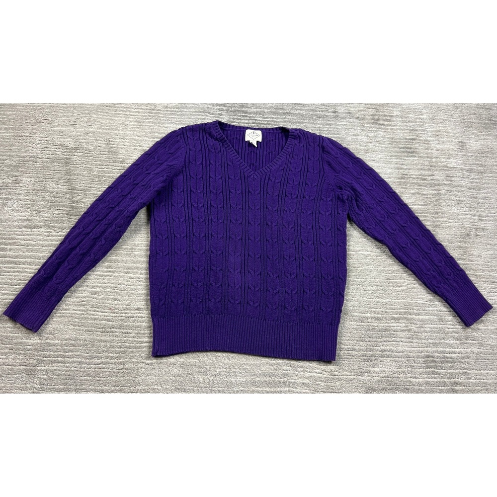 St. John's Bay Sweater Women L Purple V-Neck Cable Knit Long Sleeve Cotton Blend